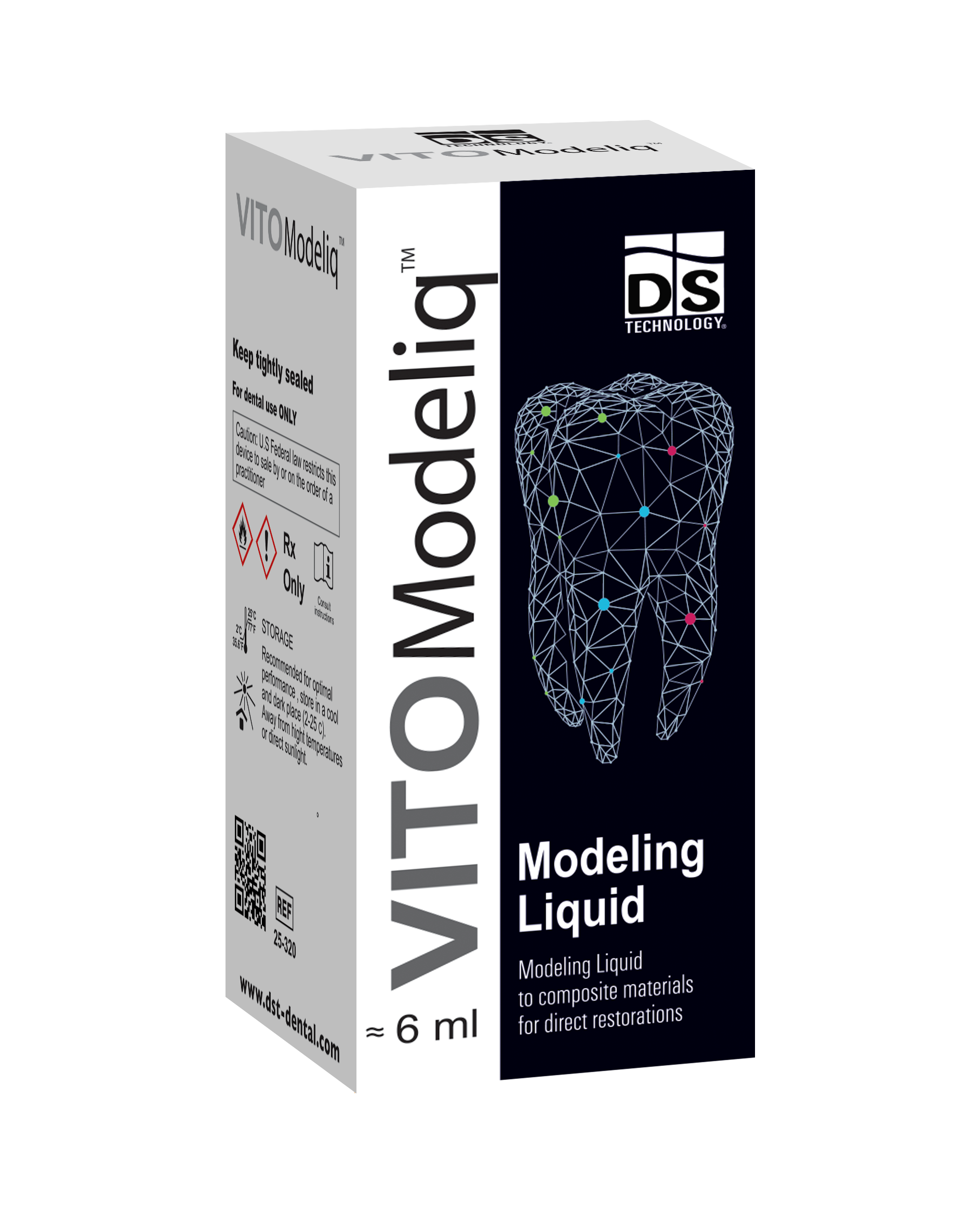 A 6 ml box of DS Technology VITOModeliq Modeling Liquid, featuring a white and dark navy blue design with a wireframe tooth graphic.