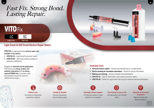 VITO Fix LC — Light-Cured Denture Repair Resin Kit (Pink, 3g × 6 Syringes)